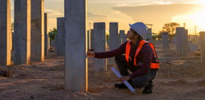 Construction engineer surveys checkpoints of concrete piling, load-bearing piles of the tall building at the construction site evening time.